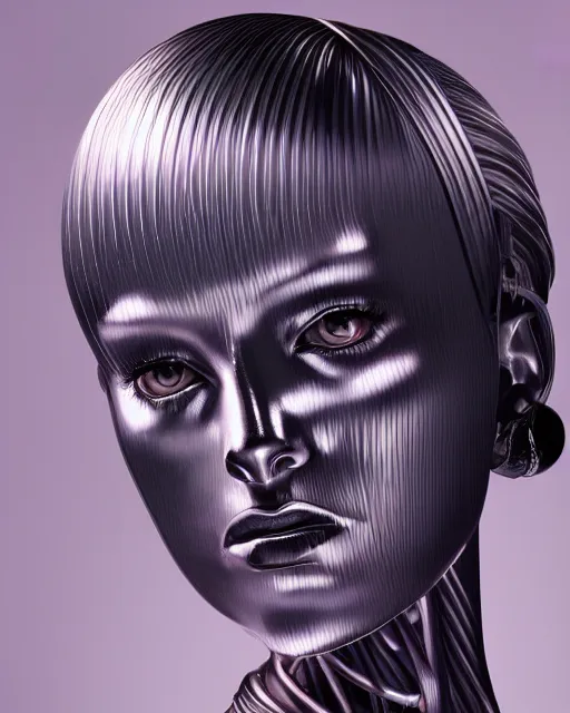 Prompt: realistic photo portrait of a metal woman with human head in the style of hajime sorayama, studio lighting, 1 5 0 mm