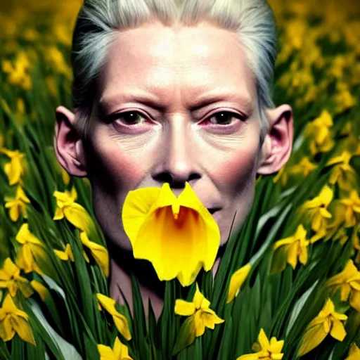 Image similar to medium shot, tilda swinton face fused with daffodil, eyes visible, head covered with leaves, inside the flower, daffodils field, highly detailed, shallow depth, bokeh, codachrome, polaroid, unreal engine, 3 d art, digital art, painting by greg rutkowski