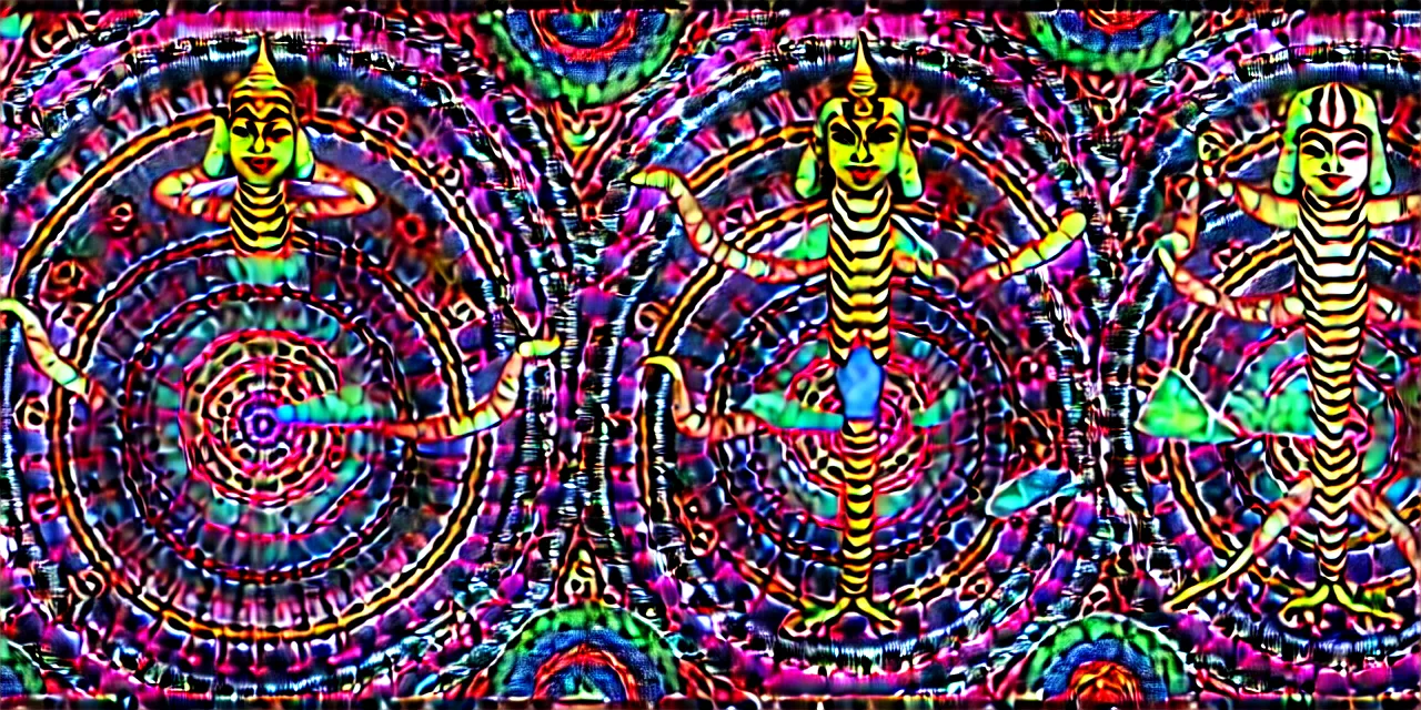 Prompt: realistic detailed image of a friendly figures of psychedelic buddhas, devils, barongs, hindu gods, aztec gods, egyptian gods, angels and demons and entities and shamans, dancing in the 5th dimensional toroidal field outer hyperspace, shipibo pattern, by Alex Grey, by Ayami Kojima, Amano, Karol Bak, Greg Hildebrandt, and Mark Brooks. rich deep colors. Beksinski painting, part by Adrian Ghenie and Gerhard Richter. art by Takato Yamamoto. masterpiece