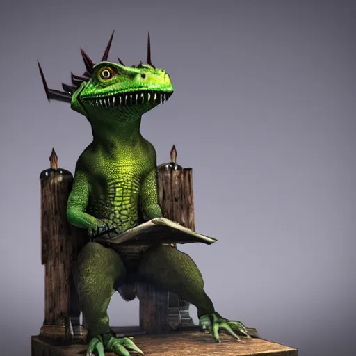 Prompt: half lizardhuman king on throne, fantasy punk, 8k