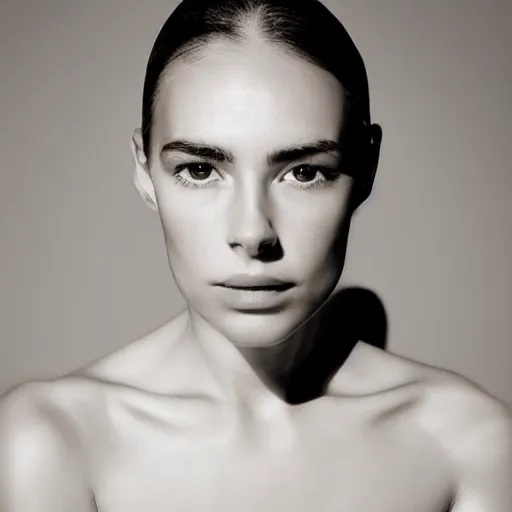 Prompt: minimalist photography portrait of a merowinger woman, symmetrical, super close up, mid thirties, cute round slanted eyes, caucasian, wide nostrils, high cheekbones, high flat eyebrows, angelic, ethereal essence, leica 1 0 0 mm f 0. 8