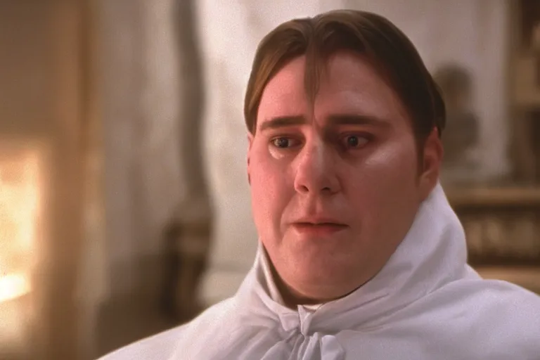 Image similar to cinematic still of chubby clean-shaven white man in the film Casper (1995), XF IQ4, f/1.4, ISO 200, 1/160s, 8K, RAW, dramatic lighting, symmetrical balance, in-frame