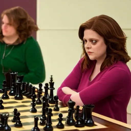 Prompt: rachel bloom playing chess against donna lynne champlin
