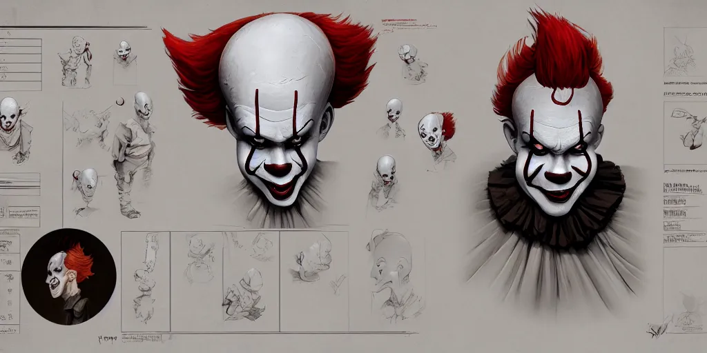 Image similar to pennywise, character sheet, concept design, contrast, kim jung gi, greg rutkowski, zabrocki, karlkka, jayison devadas, trending on artstation, 8 k, ultra wide angle, pincushion lens effect