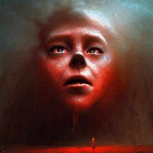 Prompt: a giant face talking to miniscule human, by greg rutkowski + beksinski, atmospheric, cinematic, dramatic colors, horror