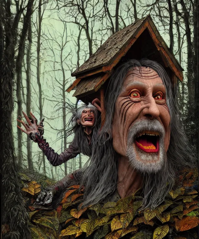Image similar to hyperrealistic mixed media painting of a Male Baba Yaga in the woods staring at you creepily and smiling, stunning 3d render inspired art by P. Craig Russell and Barry Windsor-Smith + perfect facial symmetry + dim volumetric lighting, ornate gothic silver platemail, dizzy, full body, 8k octane beautifully detailed render, post-processing, extremely hyperdetailed, intricate, epic composition, grim yet sparkling atmosphere, cinematic lighting + masterpiece, trending on artstation, very very detailed, masterpiece, stunning