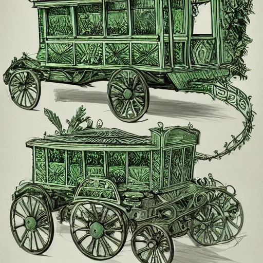 Image similar to annotated highly, detailed and intricate, sketch of a carriage cabin full of green plants, marker concept art style rendering, concept art, half blueprint, trending on artstation, intricate details, center frame, annotations