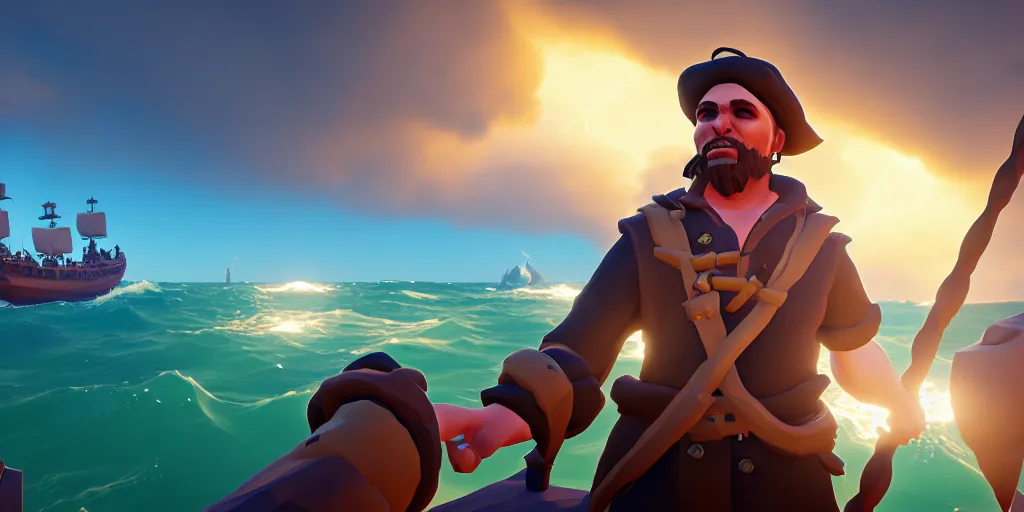 Image similar to selfie of a sea of thieves character, sea of thieves screenshot, storm, unreal engine, digital art