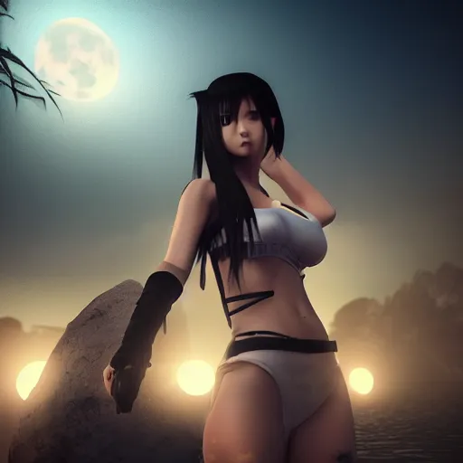 Image similar to tifa lockheart, sacred tattoos, playing in a lagoon, magical moon shines overhead, cinematic shot in the style of anime, cinematic lighting, hyperdetailed, 8 k realistic, symmetrical, global illumination, mysterious light, cryengine 5, dof, trending on artstation, trending on deviant art, digital art, chanel