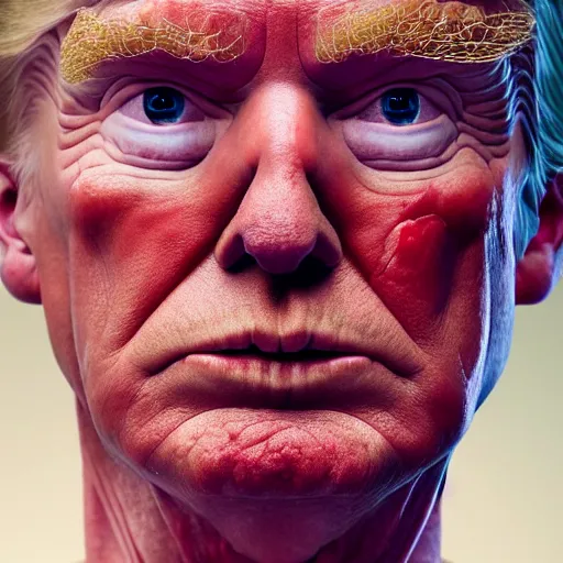 Prompt: Donald Trump with translucent skin, visible muscles and veins and arteries and bones and spine and nerves, beautiful detailed intricate insanely detailed octane render, 8K artistic photography, photorealistic, chiaroscuro, by David Cronenberg, Raphael, Caravaggio