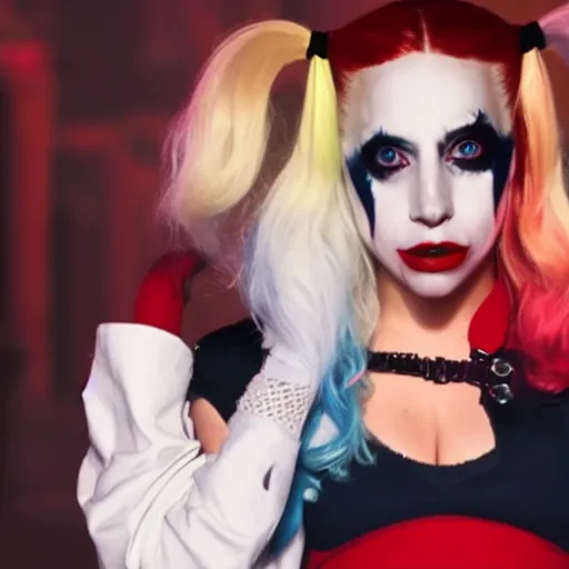 Image similar to Film still of Lady Gaga as Harley Quinn from Joker (2019)