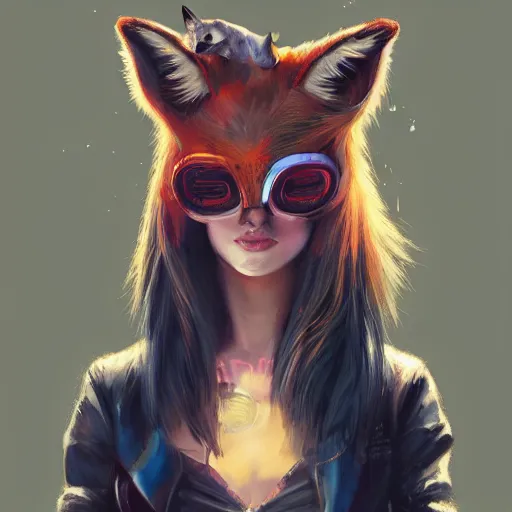 Image similar to a painting of a woman with a fox on her head, cyberpunk art by Sam Spratt, featured on Artstation, furry art, darksynth, artstation hd, 2d game art