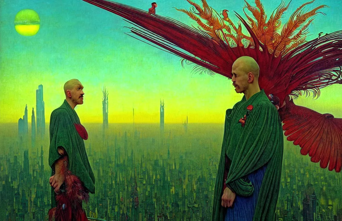 Image similar to realistic detailed portrait movie shot of a birdman wearing green robes, futuristic city sunset landscape background by denis villeneuve, yves tanguy, alphonse mucha, ernst haeckel, max ernst, roger dean, masterpiece, rich moody colours, feathers, ethereal, occult, blue eyes