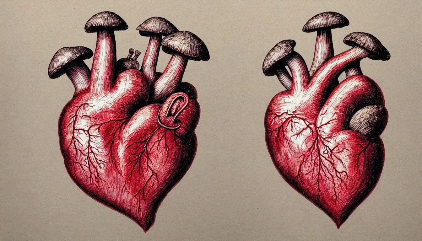 Image similar to a human heart with mushrooms growing on it, anatomically correct drawing