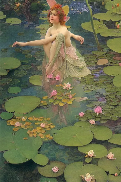 Prompt: a beautiful dressed faerie in a waterlily pond, detailed, rainbowshift, by maxfield parrish, alphonse mucha, brian froud