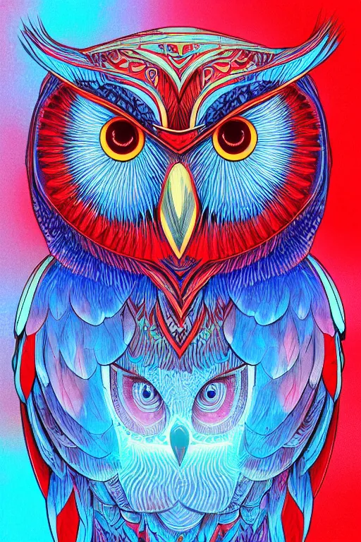 Image similar to glowing owl, blue and red colours, highly detailed, digital art, sharp focus, trending on art station