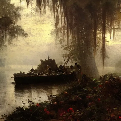 Image similar to wide jungle river army patrol boat tail of a crashed plane in the water ancient statues on the river banks, moody ambience, fog, smoke, dramatic, oil painting by repin, mucha, zorn, 4 k, trending on artstation