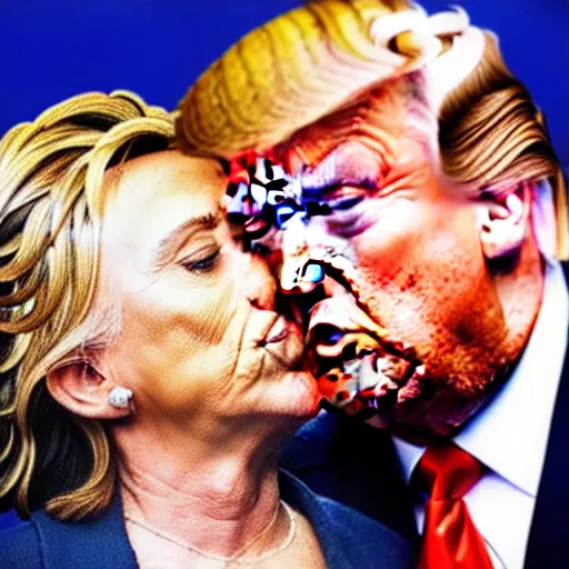 Image similar to realistic portrait of Donald trump kissing Hillary Clinton, hyperrealistic