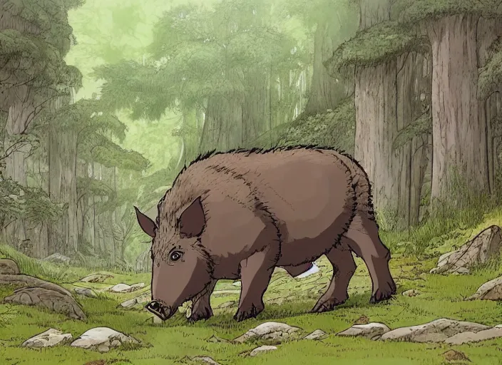 Prompt: a majestic brown and grey boar with tusks in a mythical forest next to a pathway, by ghibli studio and miyasaki, illustration, great composition