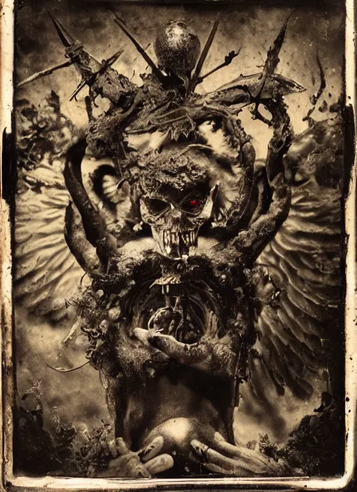 Image similar to old wetplate daguerreotype demons, devil, pain, anger, desolation, angel, throne, spear, explosion of data fragments, fractal, intricate, elegant, highly detailed, parallax, leica, medium format, subsurface scattering, by jheronimus bosch and greg rutkowski and louis jacques mande daguerre