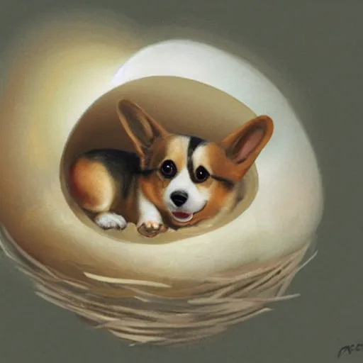 Prompt: concept art of a baby corgi emerging from an egg in a nest, anne geddes