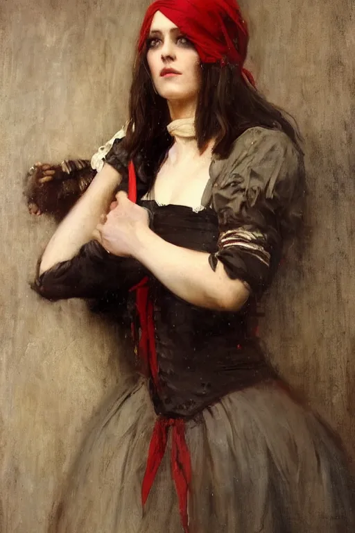 Image similar to Solomon Joseph Solomon and Richard Schmid and Jeremy Lipking victorian genre painting full length portrait painting of a young beautiful woman traditional german french pirate wench in fantasy costume, red background