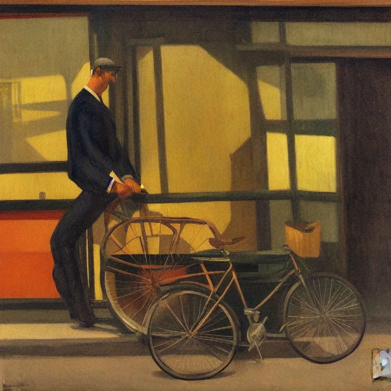 Image similar to a man with a bike resting in quiet town at foggy night, painted by Edward Hopper, oil painting