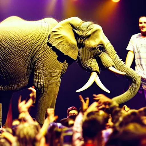 Prompt: an elephant lying on the side while crowd surfing, concert photo