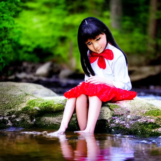 Prompt: 7 years old rina playing with the water, wearing white cloths, and a red bow in her hair, sitting by the side of a creek, in the painting style of comic books, 8 k, detailed, tele photo lens, rule of thirds