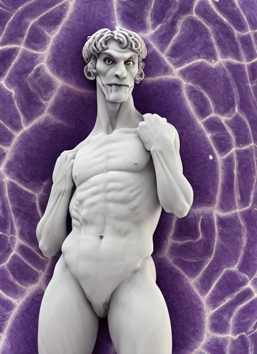 Image similar to a statue made of white marble with purple veins, of waluigi, transhumanism, full body shot, perfect symmetrical body, perfect symmetrical face, hyper realistic, hyper detailed, by johannen voss, by peter kemp, by monia merlo, by michelangelo, by ernst haeckel, by alex grey, octane render, blender, 8 k