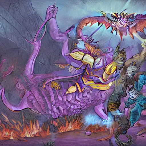 Prompt: ginger man in a purple t-shirt fights a fire breathing dragon in a room filled with dragon eggs, painted, by Yongjae Choi, high fantasy