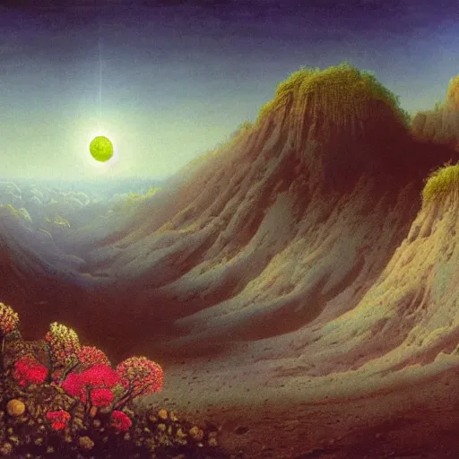 Prompt: a landscape on the moon with many craters, barren moon landscape, in a big crater at the center there is a beautiful flowering garden, 8 k, in the style of martin johnson heade and daniel merriam and roger dean,