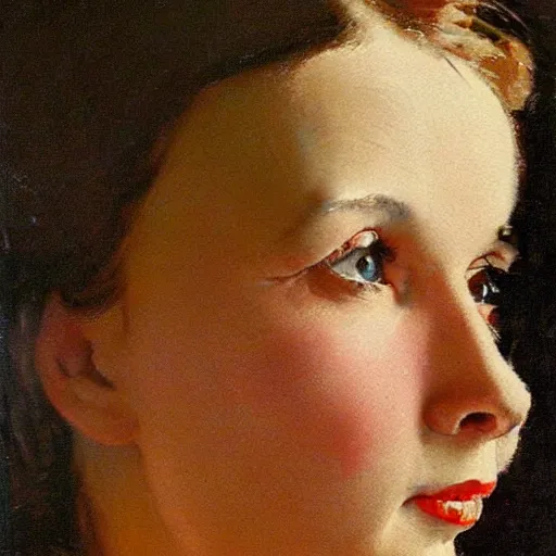 Image similar to Frontal portrait of a woman with bright solid colored eyes, no pupils. Painting by Norman Rockwell.