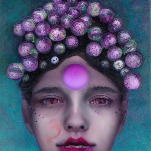 Image similar to a girl with three eyes : : on 5 translucent luminous spheres, full of floral and berry fillings, in an ocean of lavender color by rene margitte