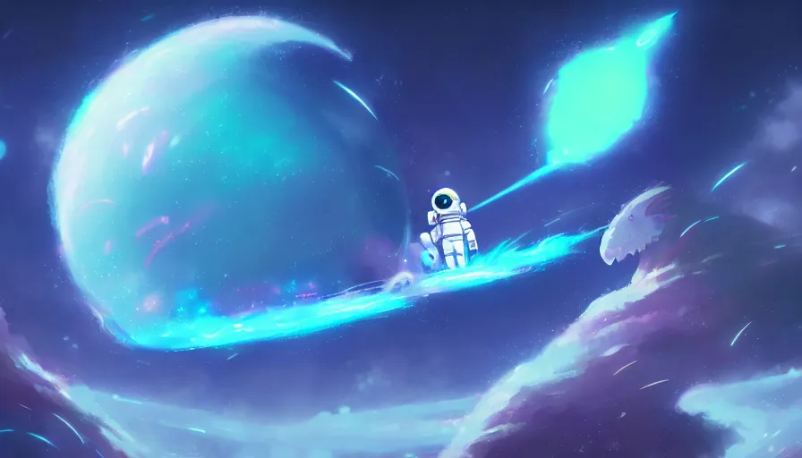 Image similar to a still of a cute kawaii astronaut android riding a large neon kaiju dragon, nebulous background of dynamic space, a dramatic composition by wlop and greg rutkowski and makoto shinkai and studio ghibli and kyoto animation cute bubbly clothing, highly detailed, digital painting, matte