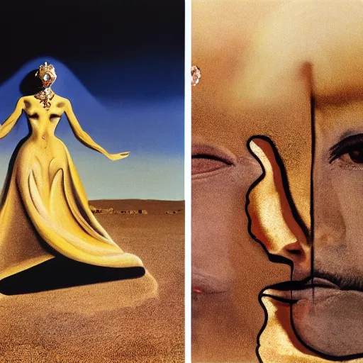 Image similar to salvador dali wearing a golden dress with jewels in a dry rocky desert landscape, visible sky and sunny atmosphere, fata morgana and giant square mirrors, film still from the movie by alejandro jodorowsky with cinematogrophy of christopher doyle and art direction by hans giger, anamorphic lens, kodakchrome, very detailed photo, 8 k