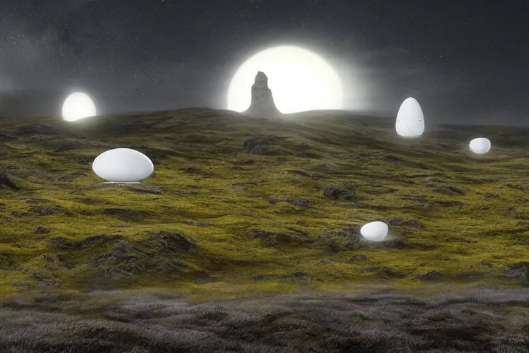 Image similar to several white future cyberpunk egg shaped buildings shine on a barren mossy mountain in iceland, and many wild animals, by hiroshi sugimoto and paul lehr and john schoenherr and john harris