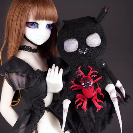 Image similar to cute fumo plush of the nightmare princess, gothic regal and tattered black, broken hearts, tragic wraith, vray, web of tendrils, arachnid, wink