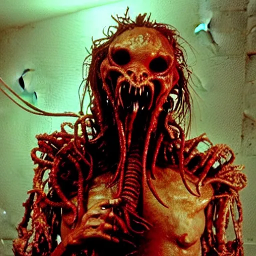 Image similar to blasphemous vile creature from The Thing, Cronenberg, Greg nicotero Cthulhu eating a human disgustingly