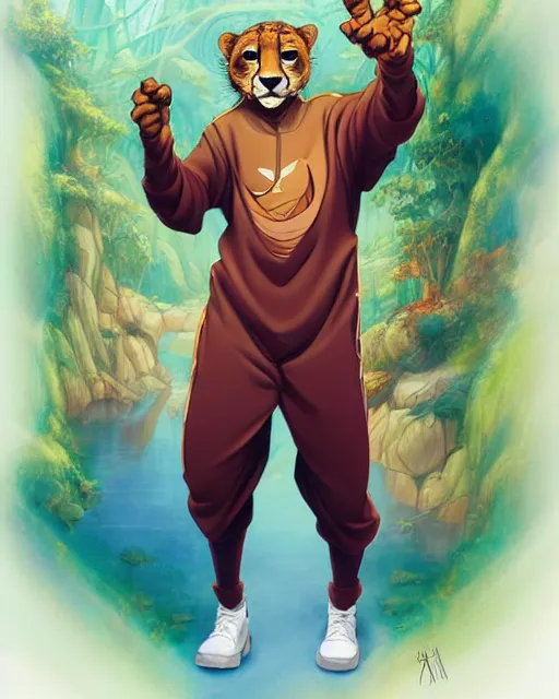 Image similar to don bluth, loish, artgerm, joshua middleton, anthropomorphic cheetah, wearing a track suit, smiling, symmetrical eyes symmetrical face, colorful animation forest background