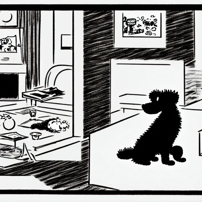 Image similar to a still frame from comic strip, black fluffy dog 1 9 5 0, herluf bidstrup, new yorker illustration, monochrome contrast bw, lineart, manga, tadanori yokoo, simplified,