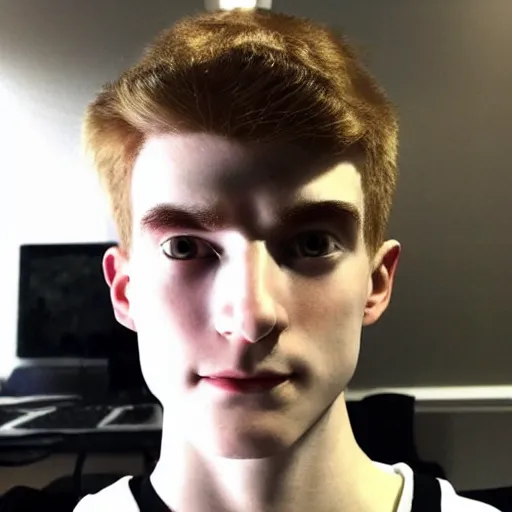 Image similar to “a realistic detailed photo of a guy who is an attractive humanoid who is half robot and half humanoid, who is a male android, twitch streamer Ninja Tyler Blevins, shiny skin, posing like a statue, blank stare, bedroom, close up”