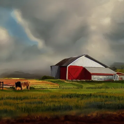 Prompt: Painting of a farm with a hurricane in the background, realistic, digital art, trending on artstation