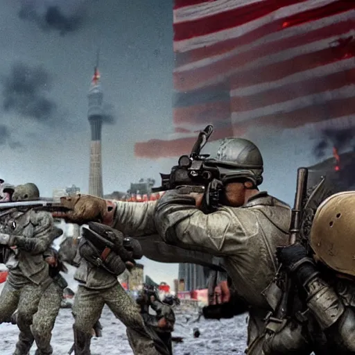 Image similar to The war between the Soviet Union and America, the action takes place in New York, far away against the background of the Statue of Liberty, a lot of soldiers and military equipment, a lot of explosions and tracer bullets, a lot of ruins, a very epic battle, The style of photography of the 80s, very detailed and detailed style