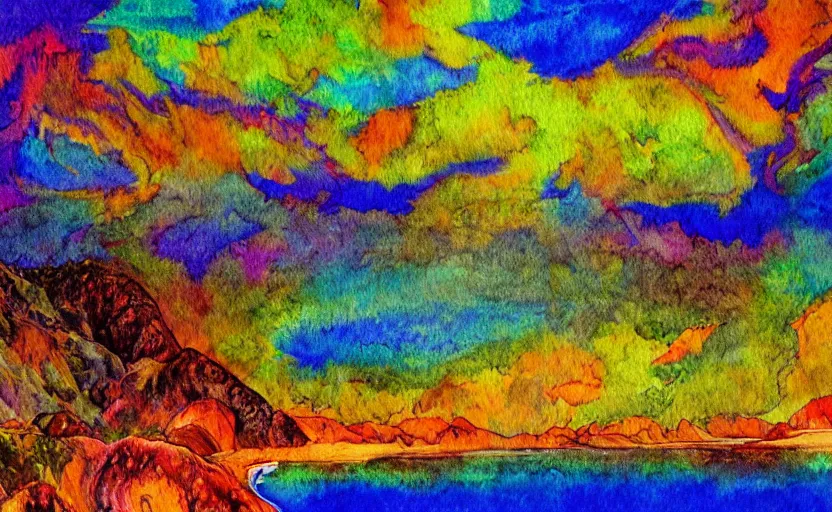 Prompt: golden bay abel tasman new zealand in the style of psychedelic watercolor painting, digital art, high quality, highly detailed, high coherence,, concept art, marterpiece