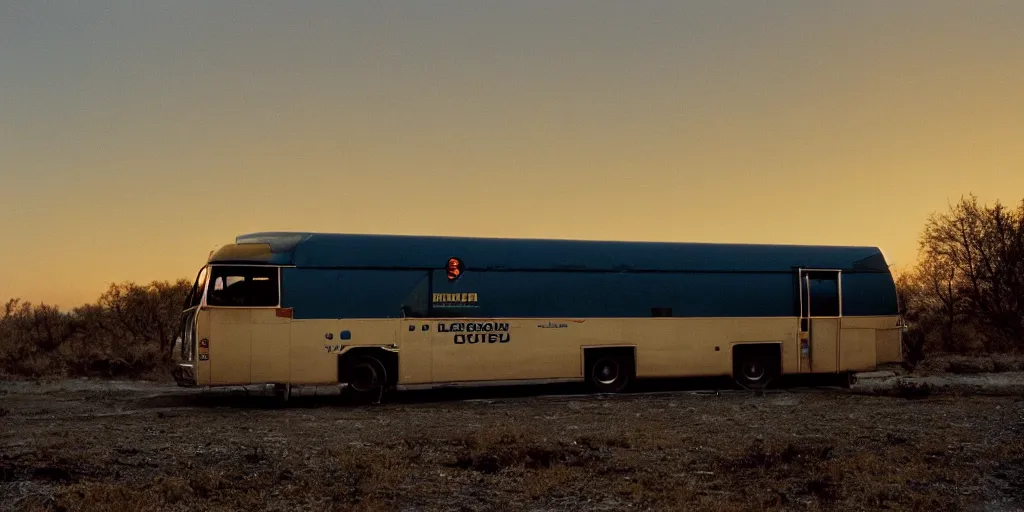 Image similar to exterior of a greyhound bus in the middle of nowhere, sunset, eerie vibe, leica, 2 4 mm lens, cinematic screenshot from the 2 0 0 1 film directed by charlie kaufman, kodak color film stock, f / 2 2, 2 4 mm wide angle anamorphic