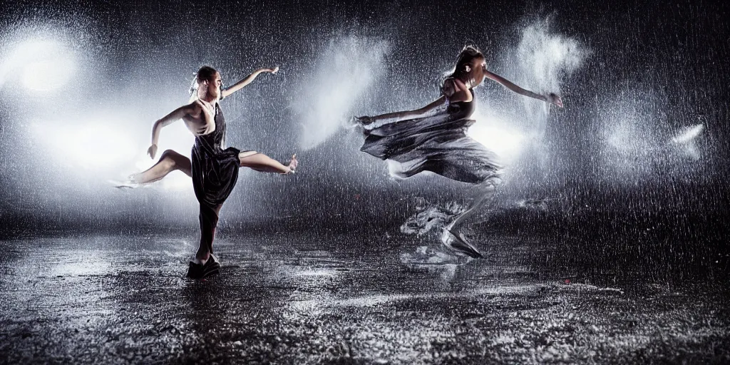 Image similar to slow motion with trail effect of futuristic break dancer wearing floating long dress, long exposure shot , at night in the middle of a rainy street, paddle of water, steam, fog, water splashes, rim lights, glossy reflections, water droplets on lens, octane render, dark and dramatic, explosion in the background, detailed and soft, fisheye