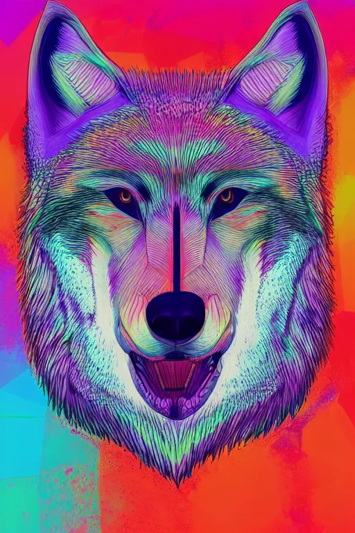 Prompt: Portrait of a wolf head. Acid trip colors, very geometrical, symmetrical, brutalist, cement, psychedelic colors, trending on artstation