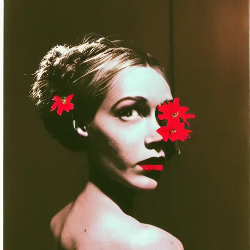 Image similar to movie still of the girl with the flowers head, cinematic composition, cinematic light, by david lynch, surrealist art