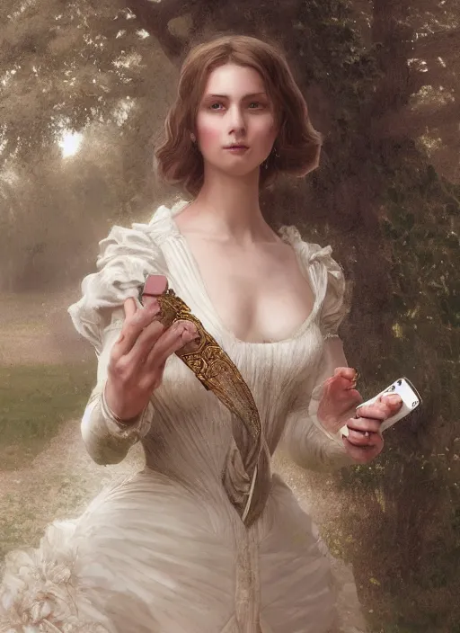 Prompt: upper body portrait of a beautiful maiden in an expensive victorian dress holding a sword and taking a selfie in a royal garden, award winning, masterpiece digital painting by greg rutkowski, alex grey, artstation, 4 k wallpaper,